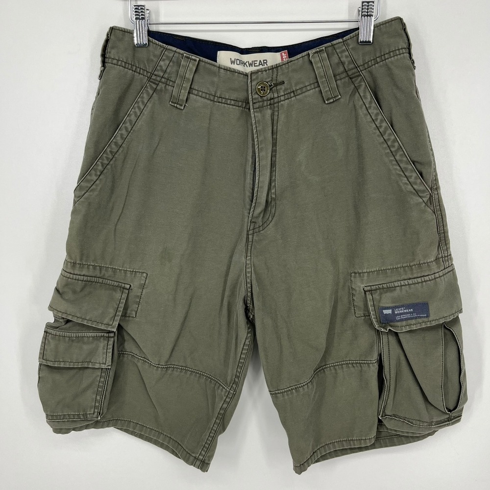 Levis Workwear Mens Cargo Shorts Olive Green Utility Size 29 Vtg